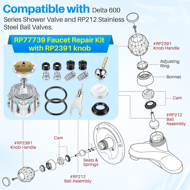 Avenuebool Acrylic Single Handle Trim Set, Complete Faucet Repair Kit Replacement Compatible with Delta 600 Series Shower Valve, Compatible with RP212 Stainless Steel Ball Valves and Clear Knob - Image 3